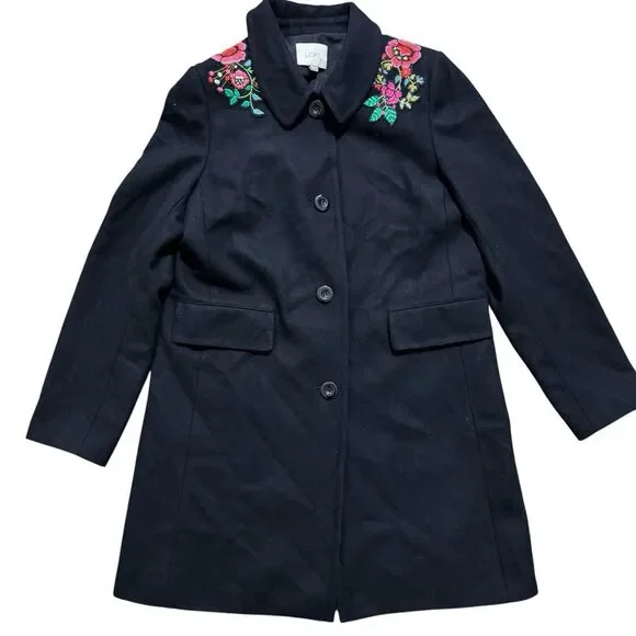 NWT LOFT Black Floral Flowers Embroidered Lined Wool Blend Size Medium Coat - Picture 1 of 7